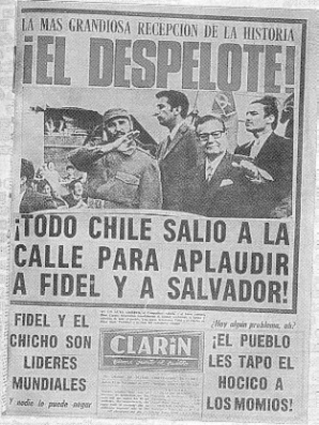 Portada del diario Clarín a propósito de la visita de Castro a Chile.