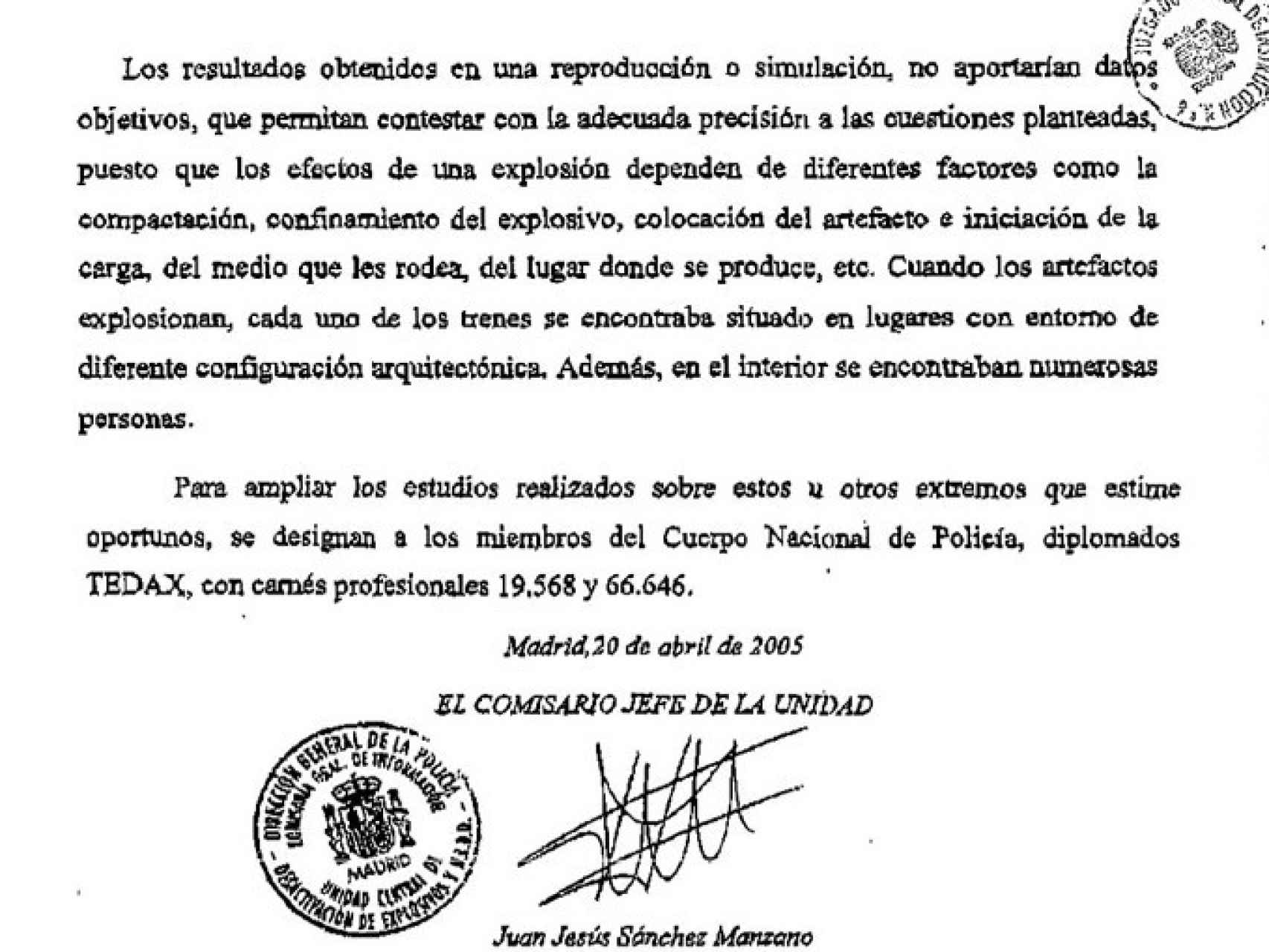 Fragmento de la respuesta de Sánchez Manzano al requerimiento del juez: La reproducción de lo ocurrido “no aportaría datos objetivos”.