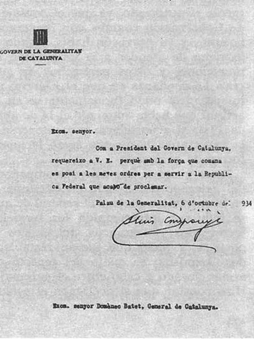 Orden de Companys a Batet de proclamar la Independencia de Cataluña en 1934.