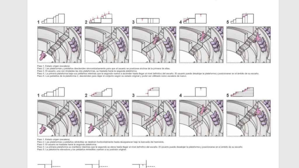 Primera propuesta de Díez y González Arquitectos: los escalones se mueven para generar plataformas estables.